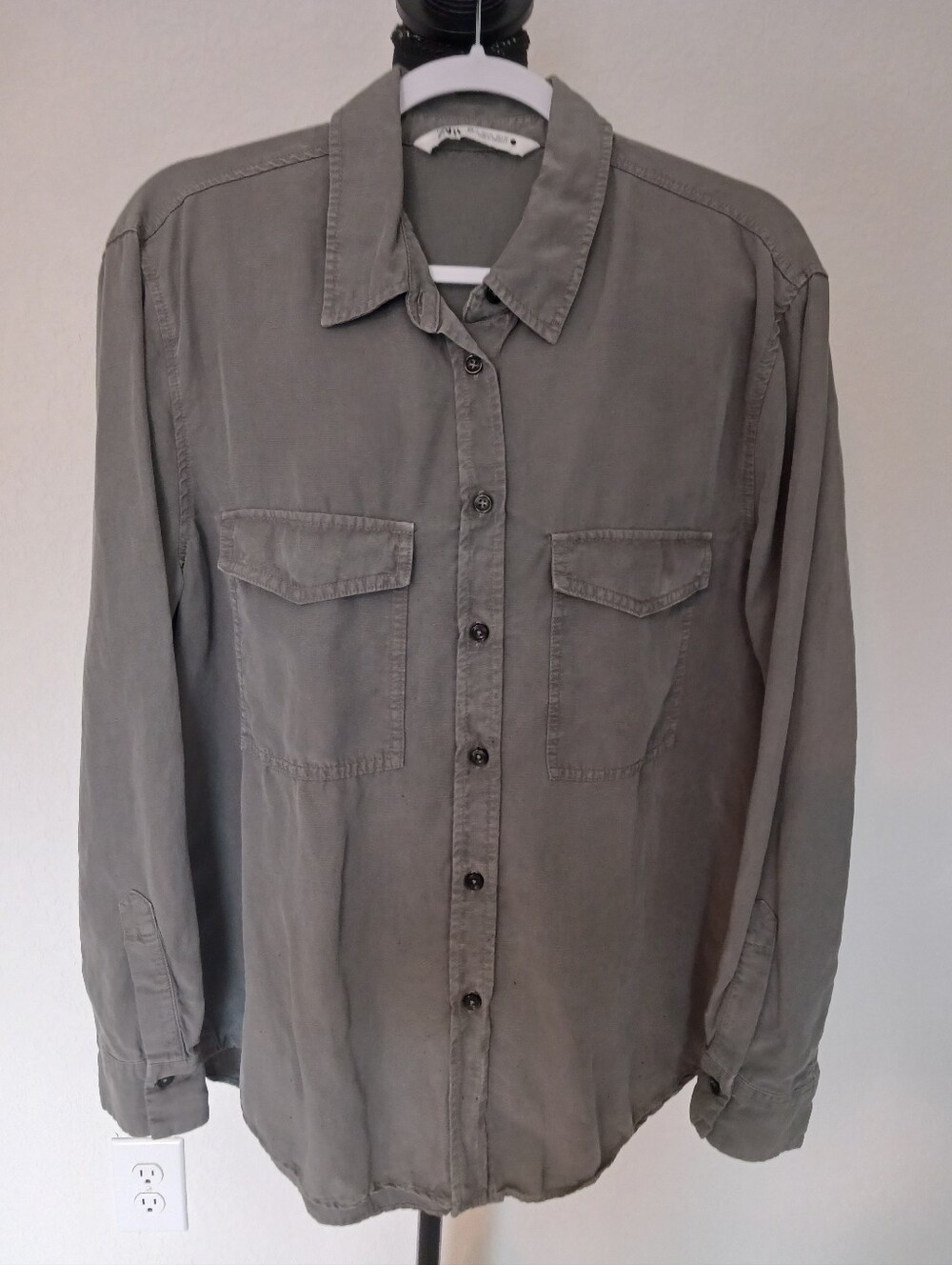 Zara Army Green Gray Button Down Shirt Sz XL EUC